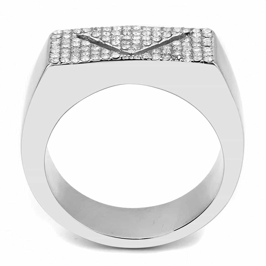 Stainless Steel CZ Pave Chevron V Arrow Men Signet Ring view 6