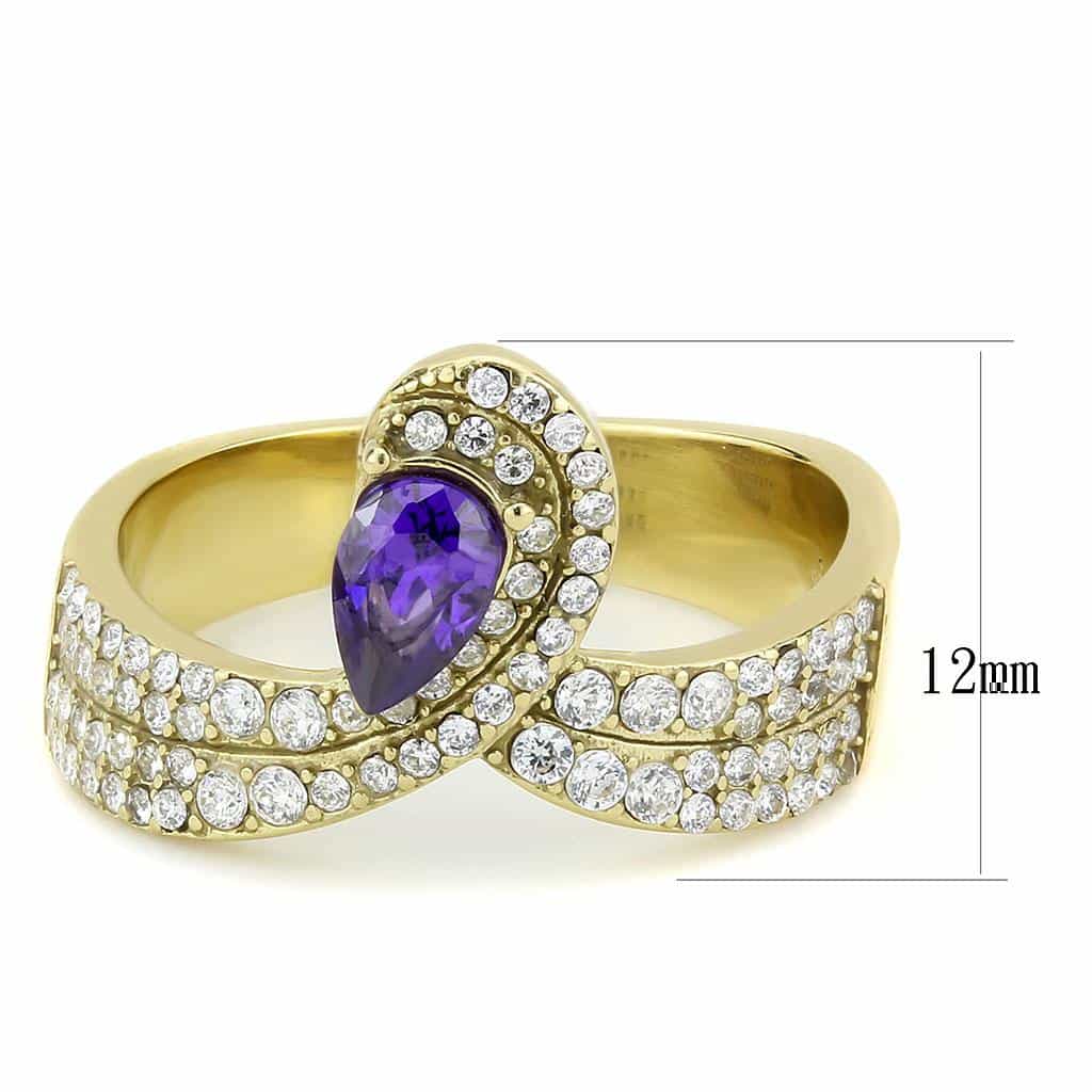 Stainless Steel Gold Purple Amethyst Pear CZ Pave Wrap Ring view 4