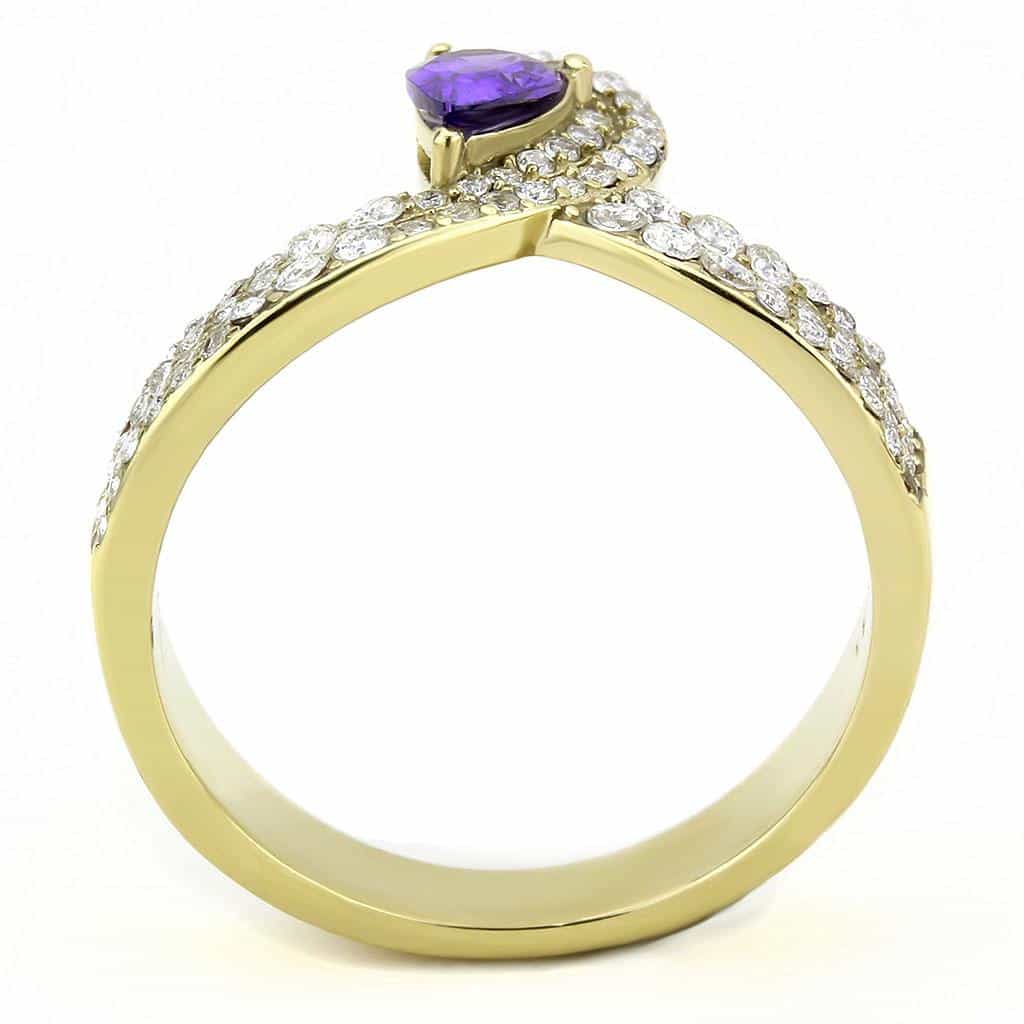 Stainless Steel Gold Purple Amethyst Pear CZ Pave Wrap Ring view 6