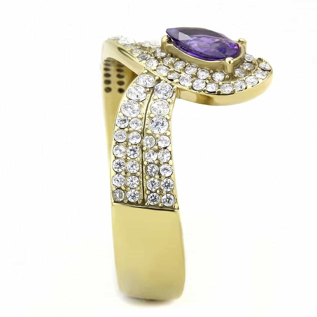 Stainless Steel Gold Purple Amethyst Pear CZ Pave Wrap Ring view 10