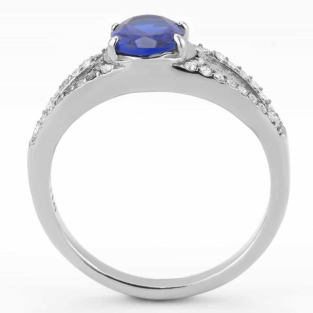 Stainless Steel Blue Sapphire Oval CZ Pave Split Shank Ring view 6