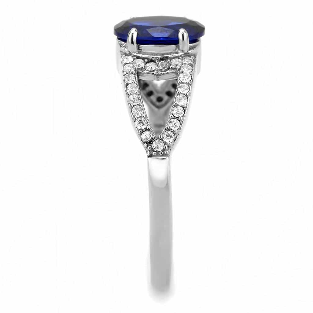 Stainless Steel Blue Sapphire Oval CZ Pave Split Shank Ring view 8