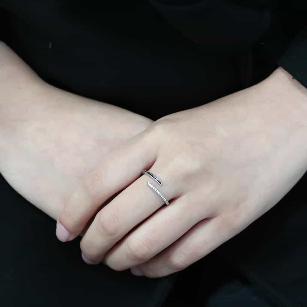 Stainless Steel CZ Pave Slim Open Stackable Band Ring view 12