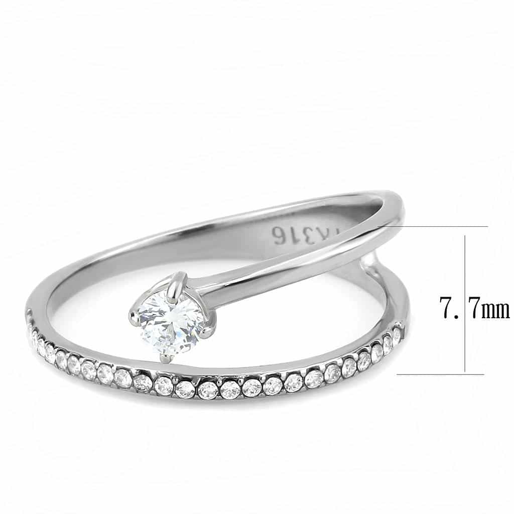 Stainless Steel CZ Princess Cut Pave Slim Bypass Solitaire Ring view 4