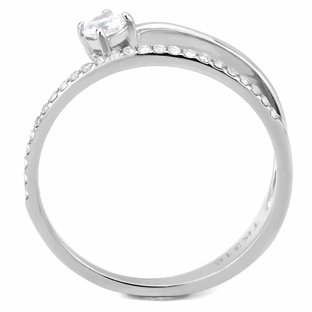 Stainless Steel CZ Princess Cut Pave Slim Bypass Solitaire Ring view 6