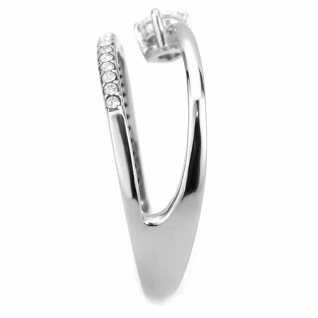 Stainless Steel CZ Princess Cut Pave Slim Bypass Solitaire Ring view 8