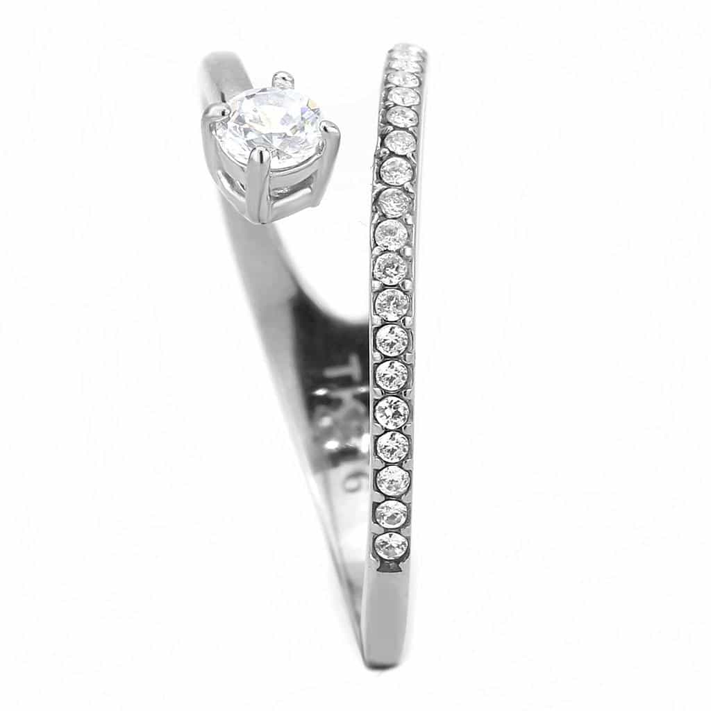 Stainless Steel CZ Princess Cut Pave Slim Bypass Solitaire Ring view 10