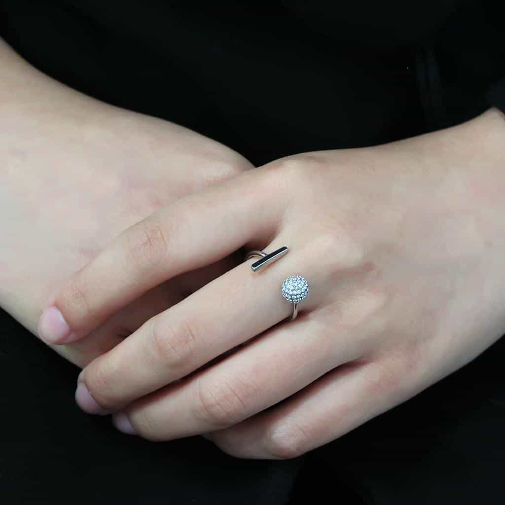 Stainless Steel CZ Pave Ball Cluster Open Bypass Band Ring view 10