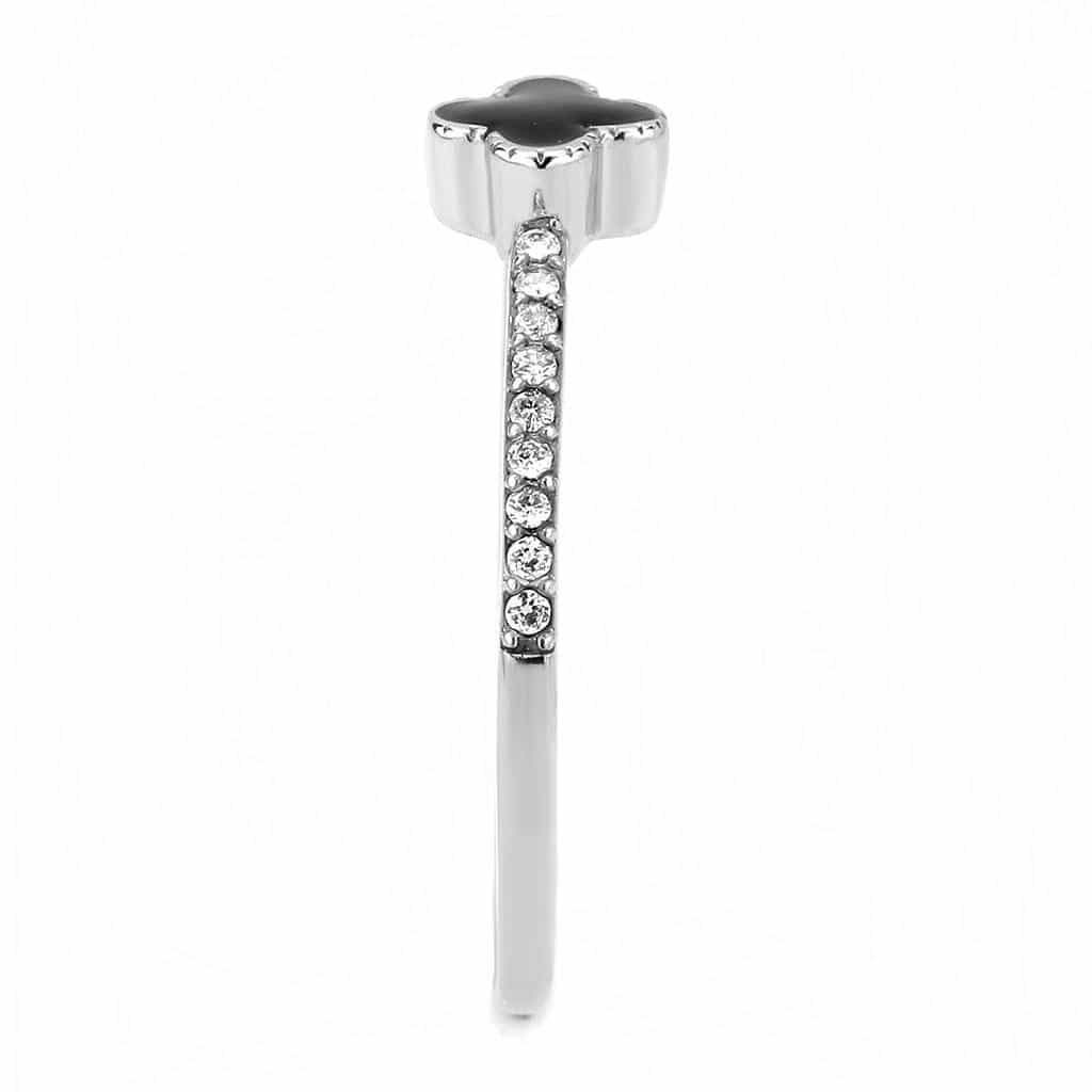 Stainless Steel Black Enamel Clover CZ Pave Slim Band Ring view 8