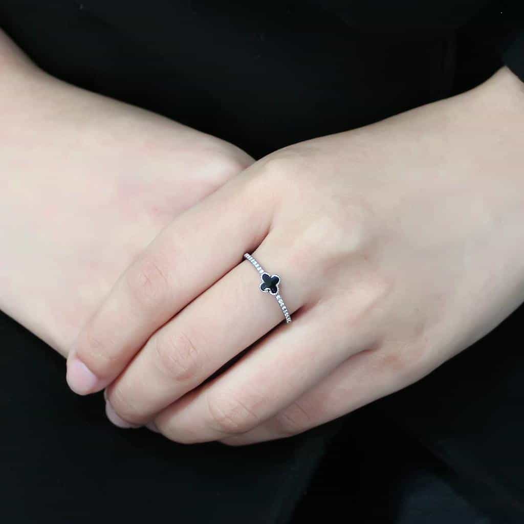 Stainless Steel Black Enamel Clover CZ Pave Slim Band Ring view 10