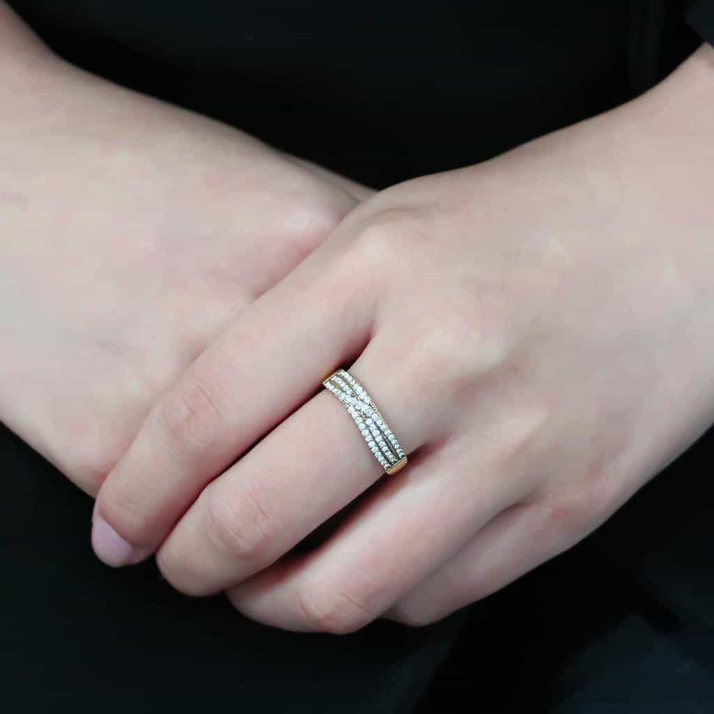 Stainless Steel Gold CZ Pave Triple Row Curved Dome Band Ring view 10