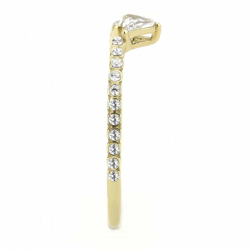 Stainless Steel Gold CZ Trillion Prong Pave Slim Solitaire Ring view 8