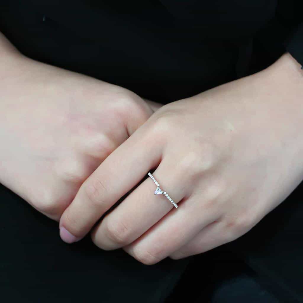 Stainless Steel Gold CZ Trillion Prong Pave Slim Solitaire Ring view 10