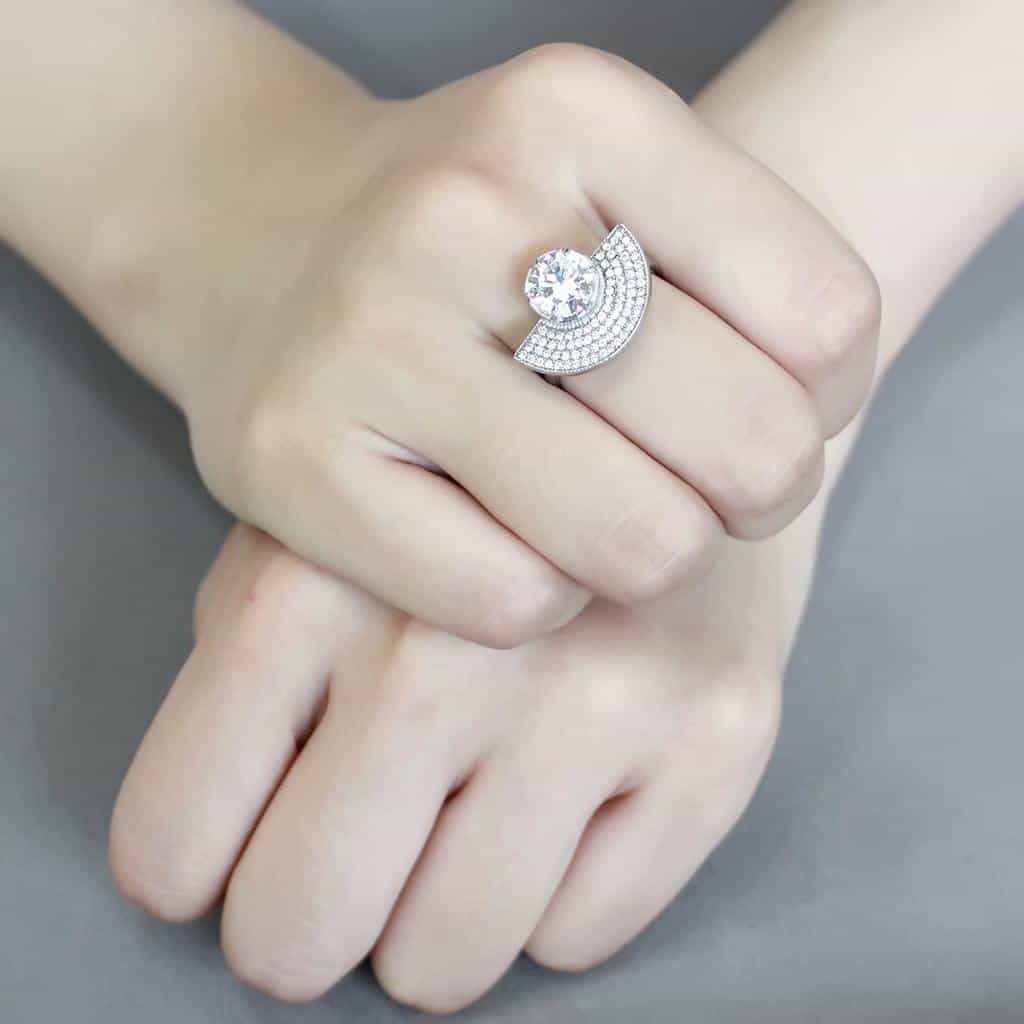 Stainless Steel CZ Round Pave Half Moon Fan Cocktail Ring view 10