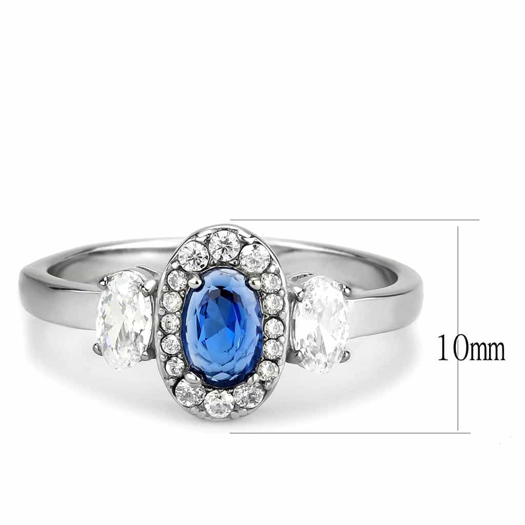 Stainless Steel Blue Sapphire Oval CZ Pave Halo Three Stone Ring view 4