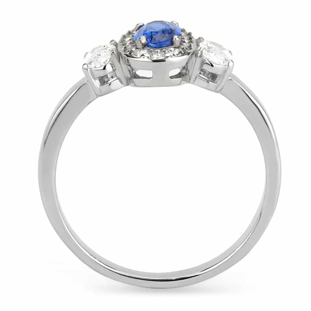 Stainless Steel Blue Sapphire Oval CZ Pave Halo Three Stone Ring view 6