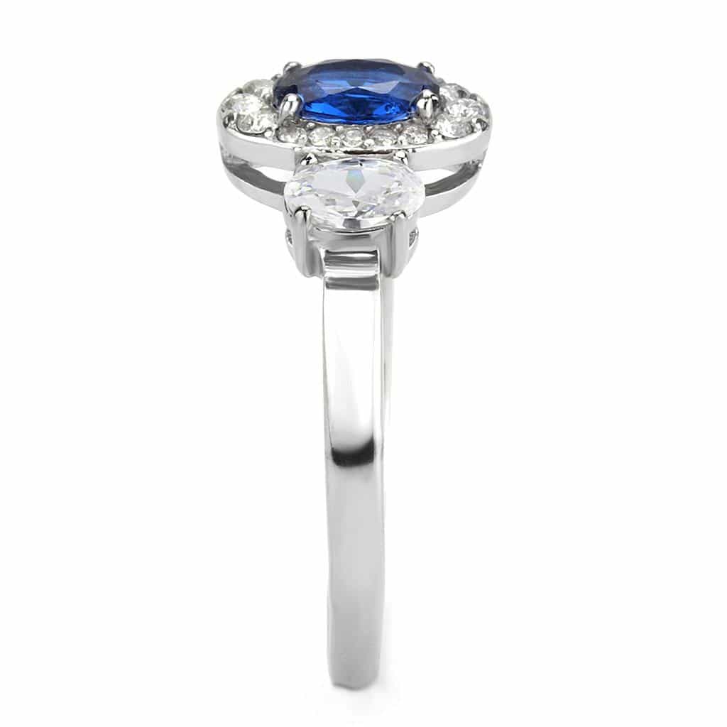 Stainless Steel Blue Sapphire Oval CZ Pave Halo Three Stone Ring view 8