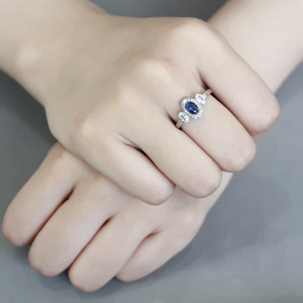 Stainless Steel Blue Sapphire Oval CZ Pave Halo Three Stone Ring view 10