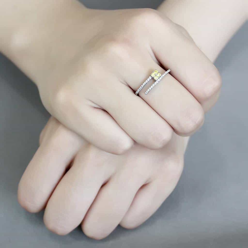 Stainless Steel Yellow CZ Round Prong Pave Slim Solitaire Ring view 10