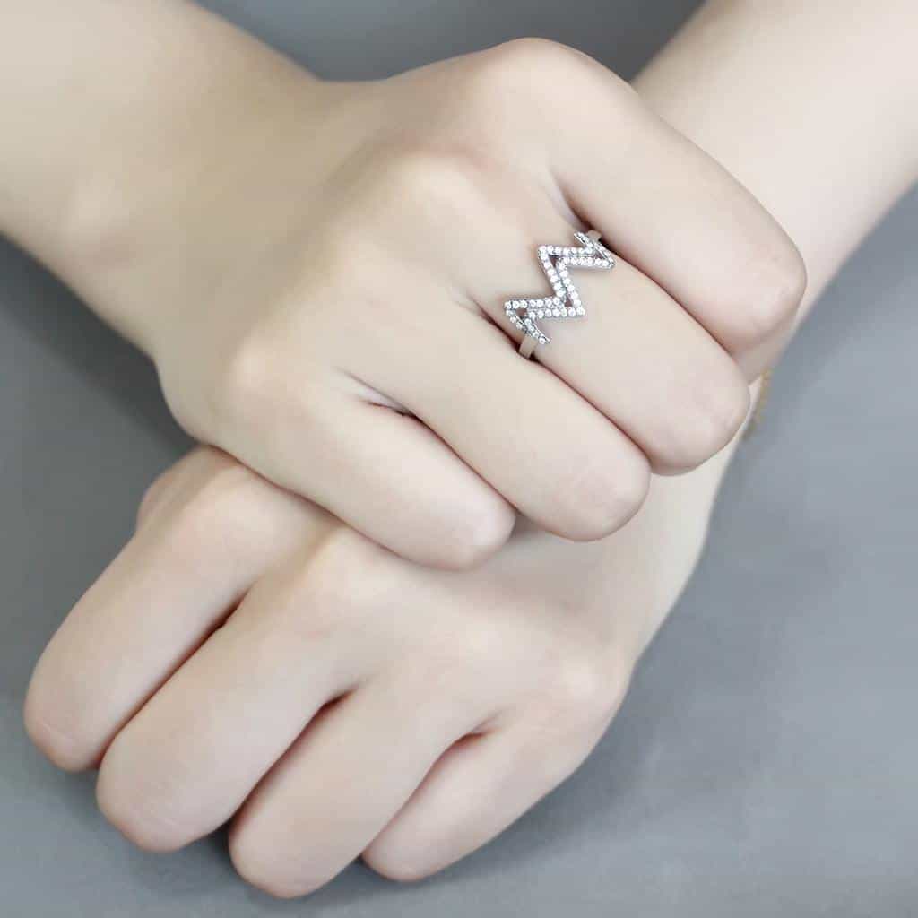 Stainless Steel CZ Pave Zigzag Heartbeat Pulse Band Ring view 10