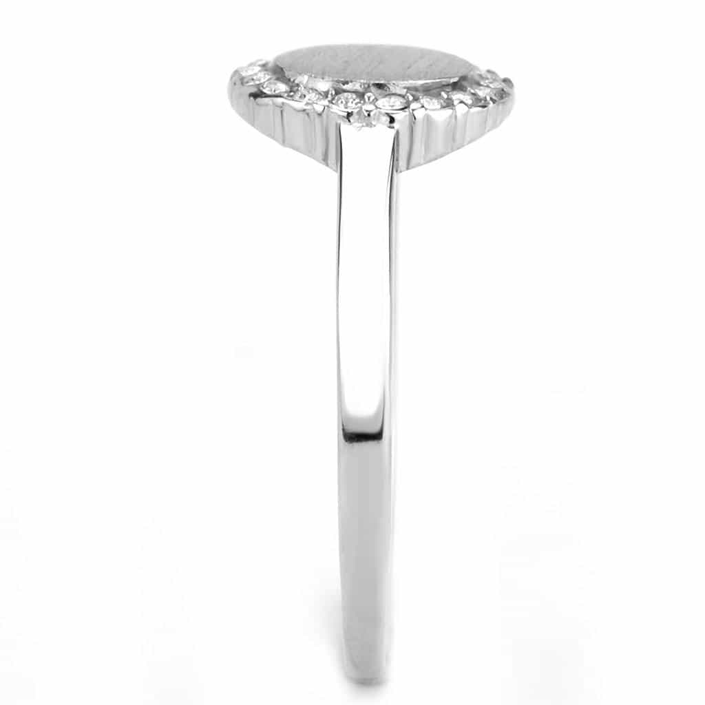 Stainless Steel Brushed Oval Disc CZ Pave Halo Signet Ring view 8