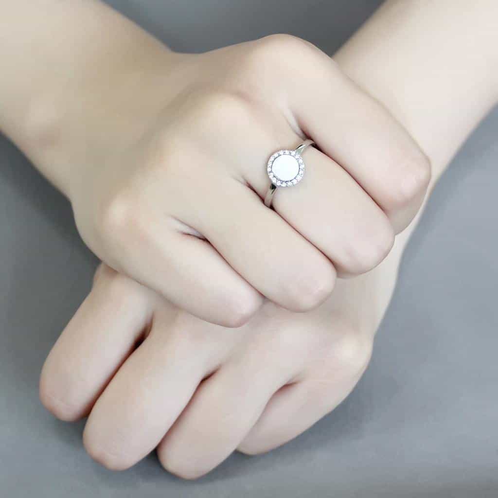 Stainless Steel Brushed Oval Disc CZ Pave Halo Signet Ring view 10
