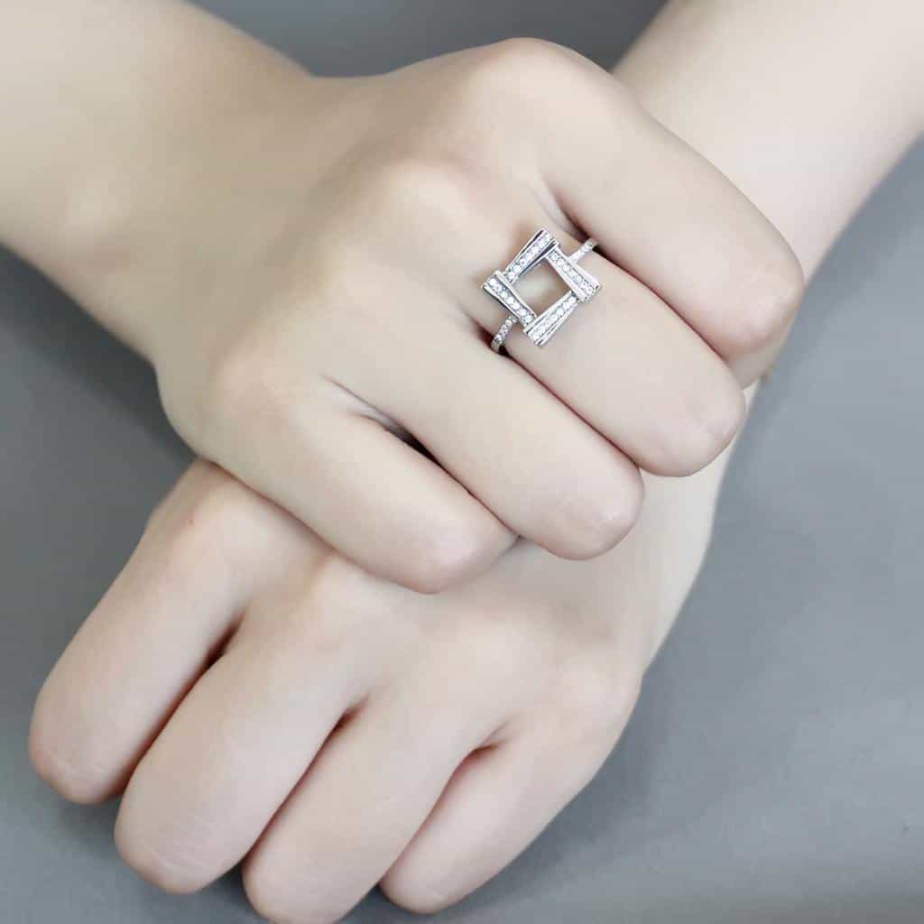 Stainless Steel CZ Pave Open Square Geometric Double Band Ring view 10