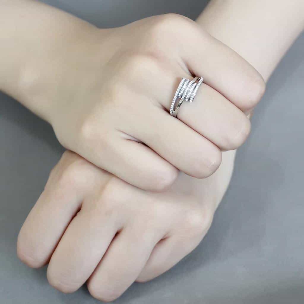 Stainless Steel CZ Pave Triple Row Curved V Chevron Band Ring view 10