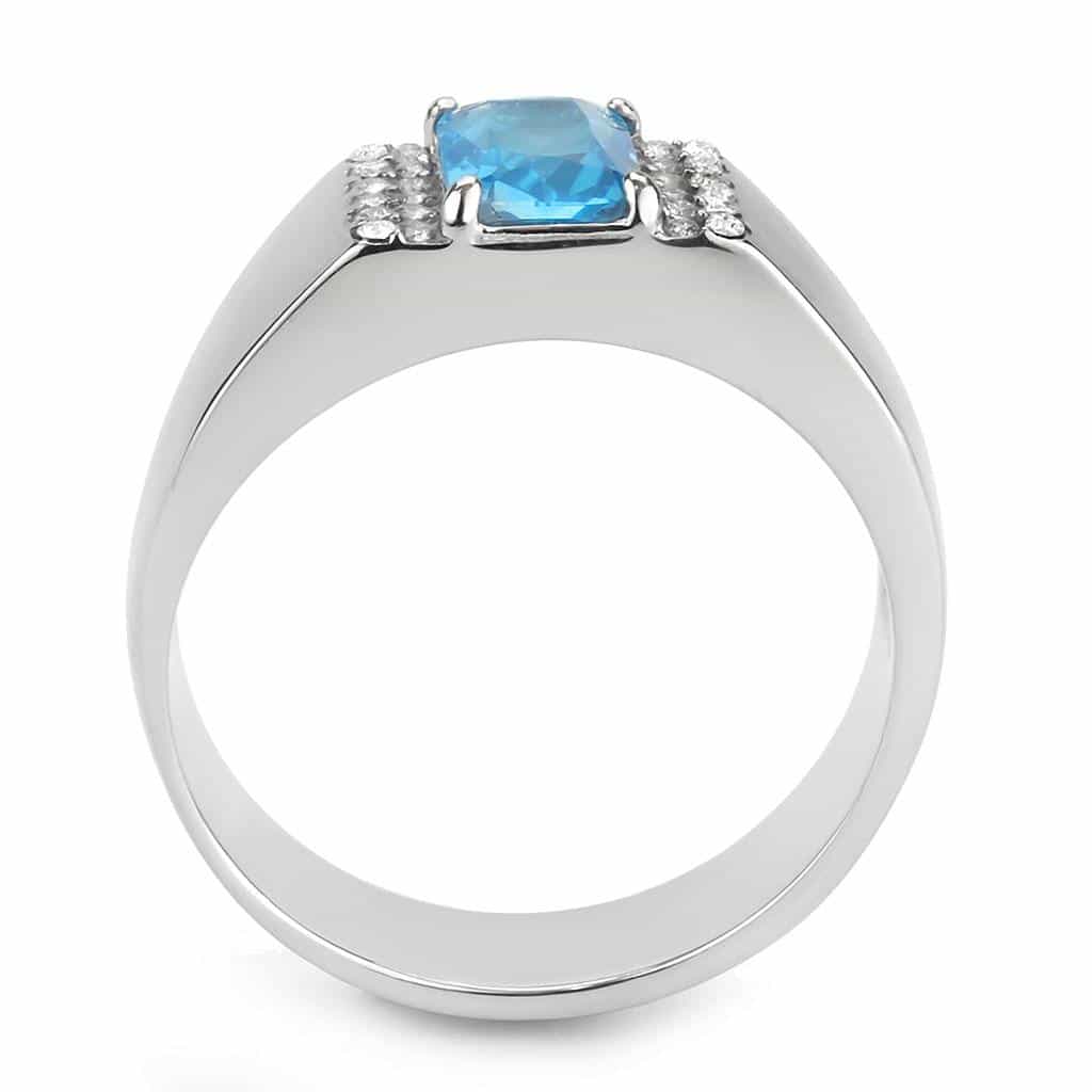 Stainless Steel Blue Topaz Square CZ Pave Men Signet Ring view 6