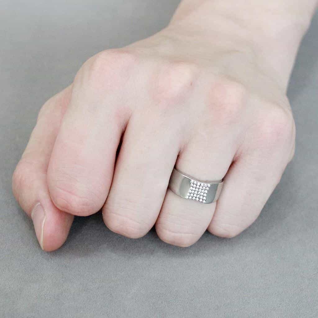 Stainless Steel CZ Pave Diamond Rhombus Flat Top Wide Band Ring view 10