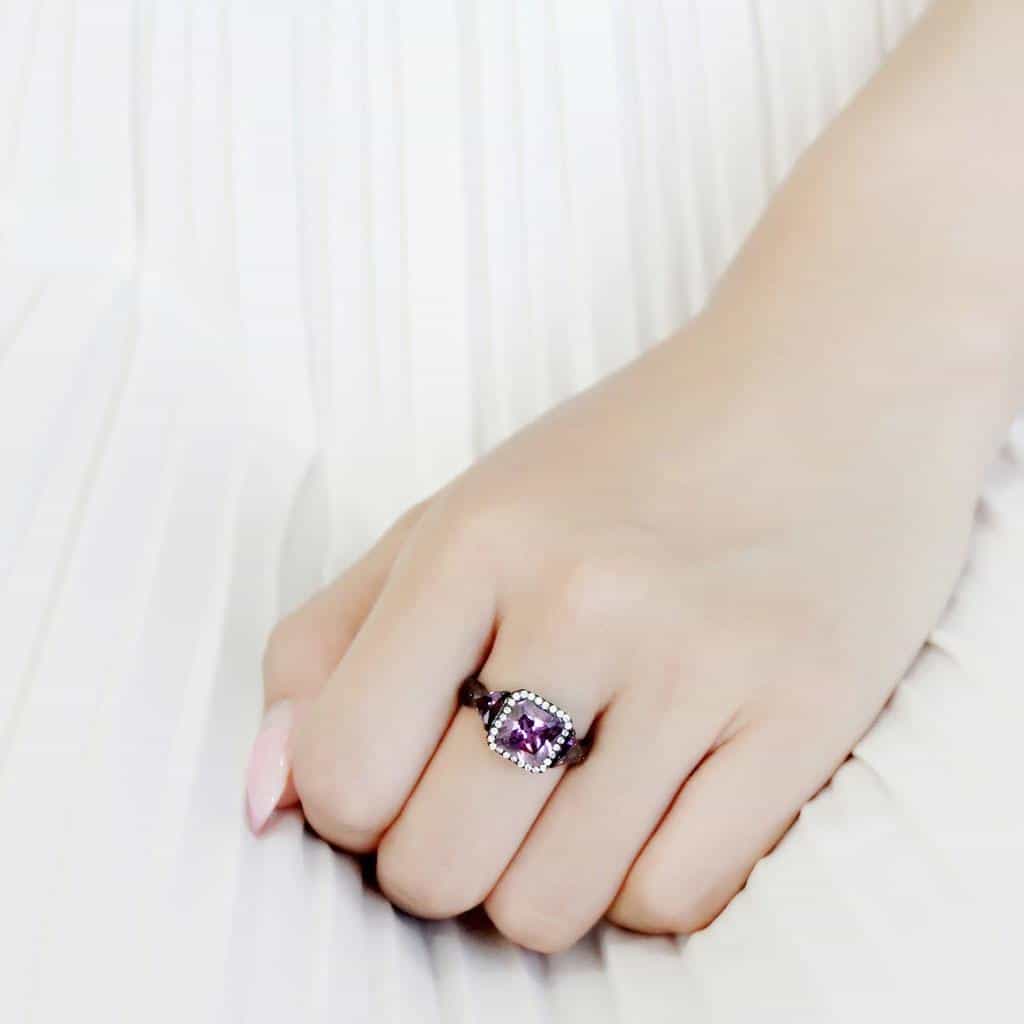 Stainless Steel Black IP Purple Amethyst Princess Pave Halo Ring view 10