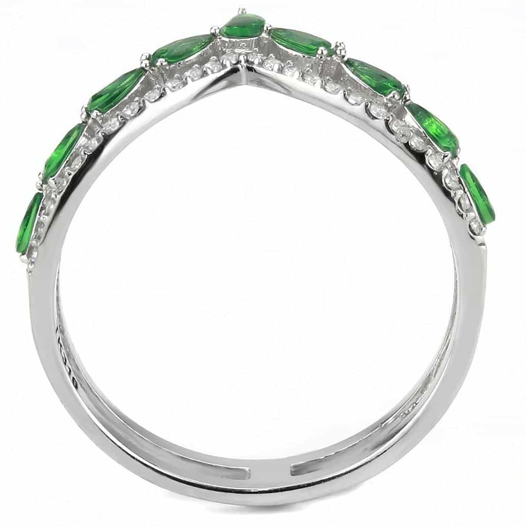 Stainless Steel Green Emerald Marquise Leaf Vine CZ Pave V Ring view 6