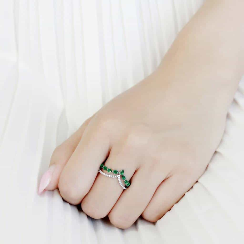 Stainless Steel Green Emerald Marquise Leaf Vine CZ Pave V Ring view 10