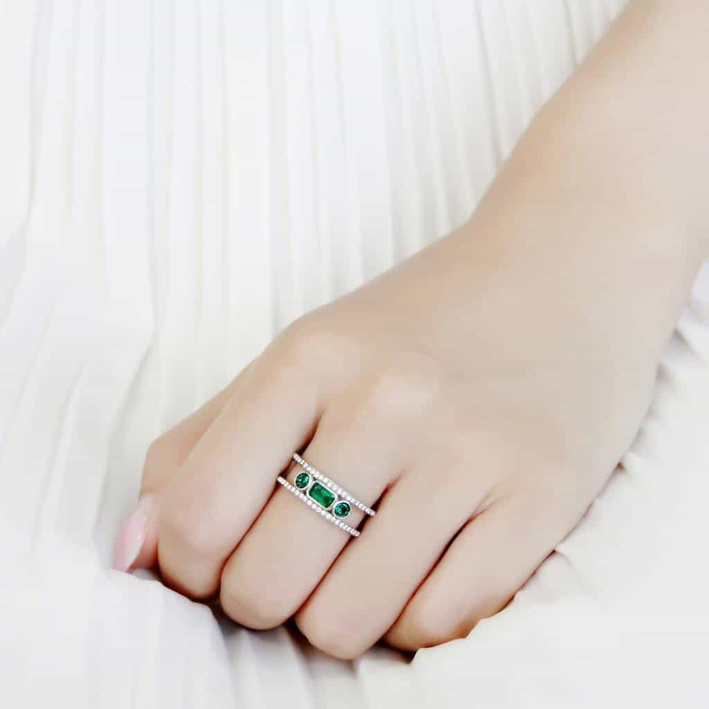 Stainless Steel Green Emerald Baguette Oval CZ Pave Triple Ring view 10