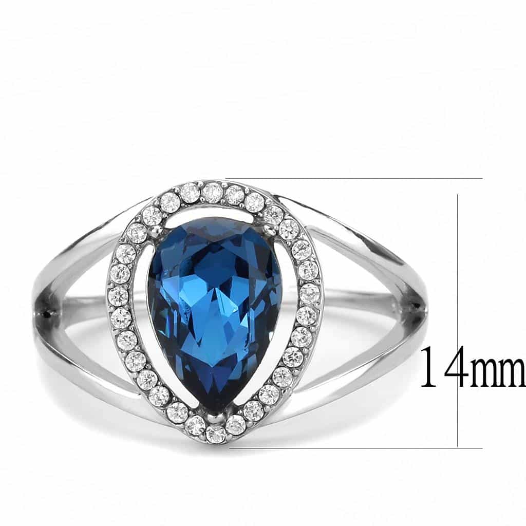 Stainless Steel Blue Sapphire Pear CZ Pave Halo Split Ring view 4