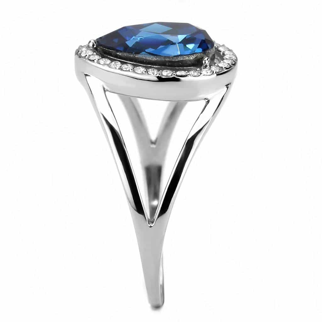 Stainless Steel Blue Sapphire Pear CZ Pave Halo Split Ring view 8