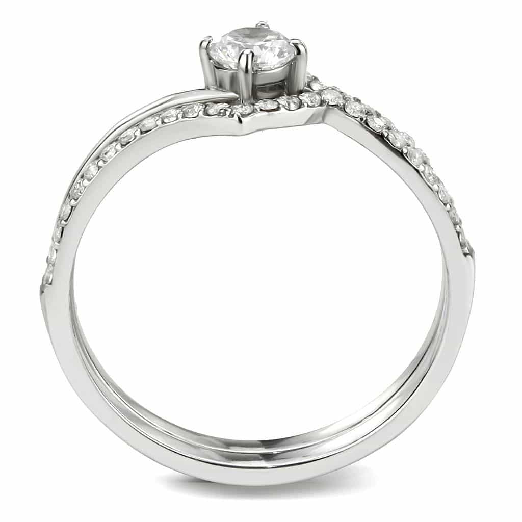 Stainless Steel CZ Round Prong Pave V Curve Bypass Solitaire Ring view 6