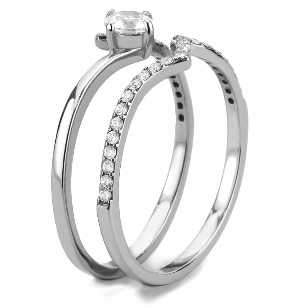 Stainless Steel CZ Round Prong Pave V Curve Bypass Solitaire Ring view 8