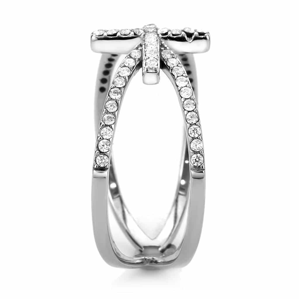 Stainless Steel CZ Pave X Cross Bow Double Band Ring view 8