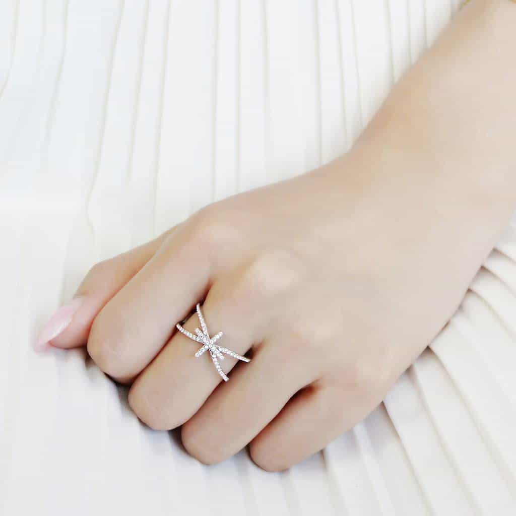 Stainless Steel CZ Pave X Cross Bow Double Band Ring view 10