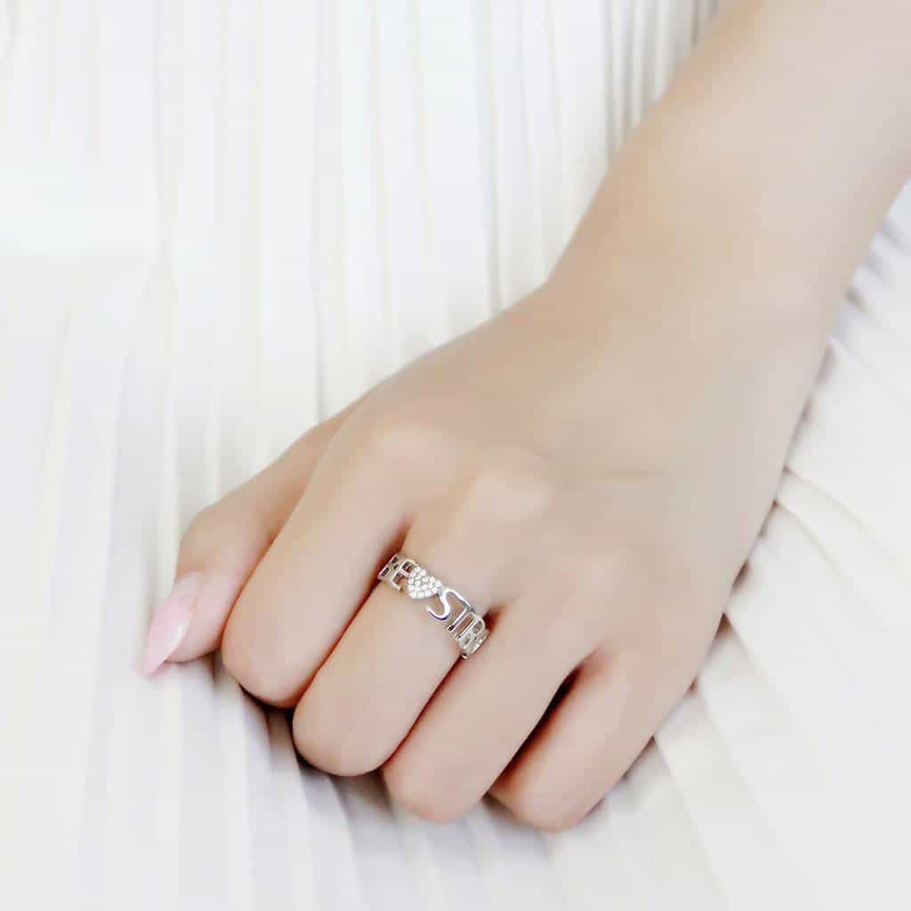 Stainless Steel STRONG Text Letter CZ Heart Band Ring view 10