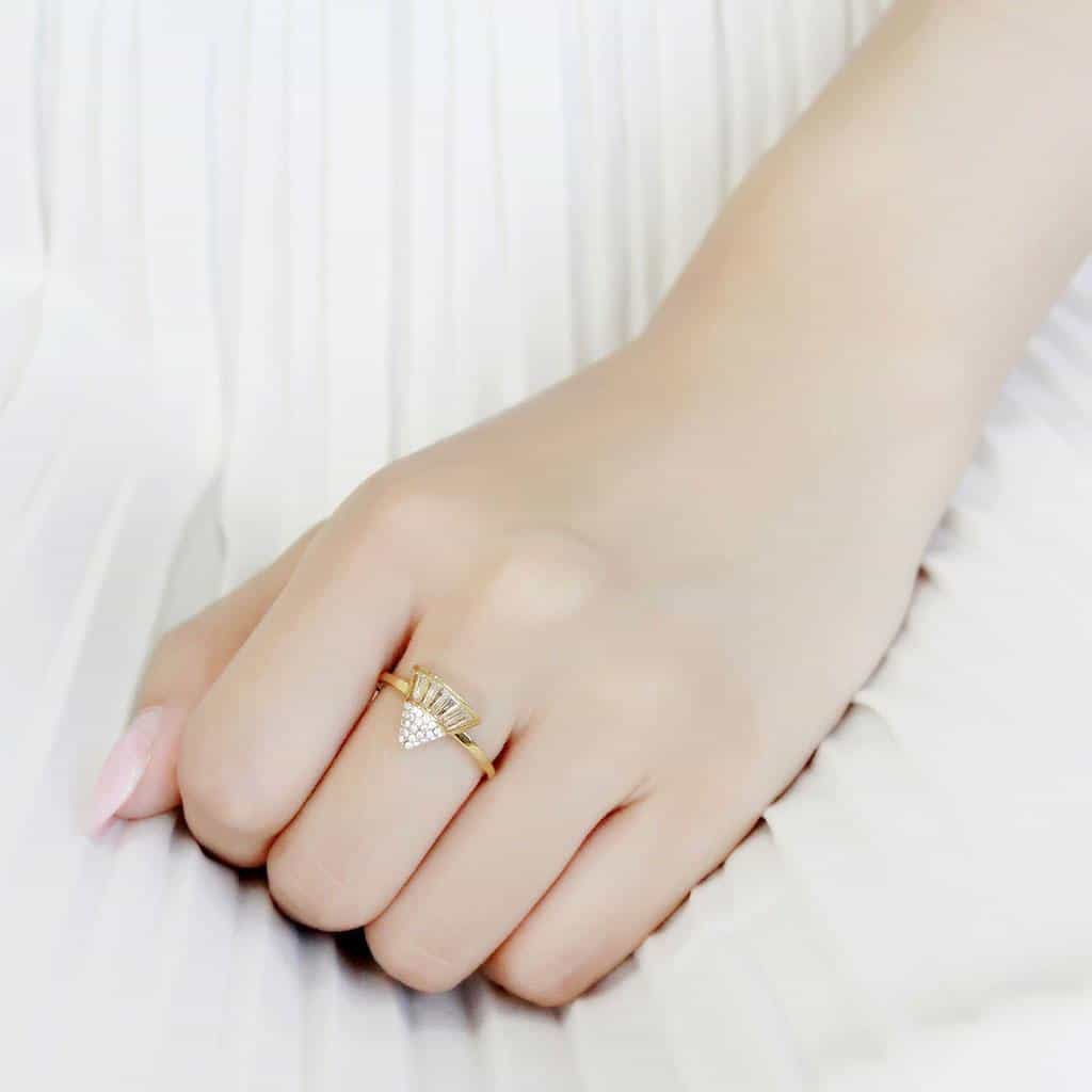 Stainless Steel Gold CZ Baguette Fan Triangle Pave Cocktail Ring view 10