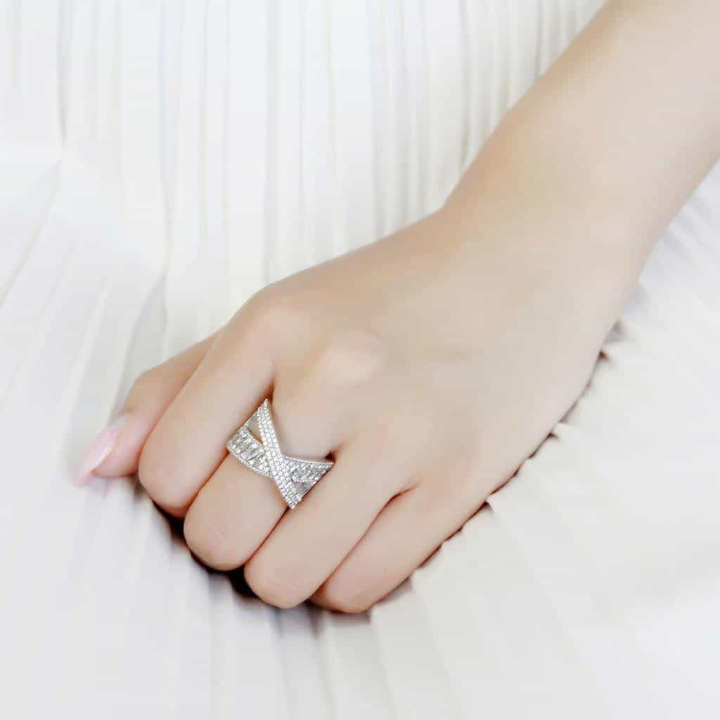 Stainless Steel CZ Marquise Pave Wide V Crossover Cocktail Ring view 10