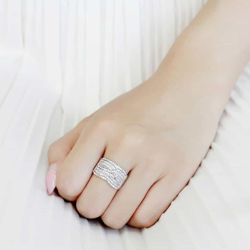 Stainless Steel CZ Pave Multi Row Curved Wide Dome Cocktail Ring view 10