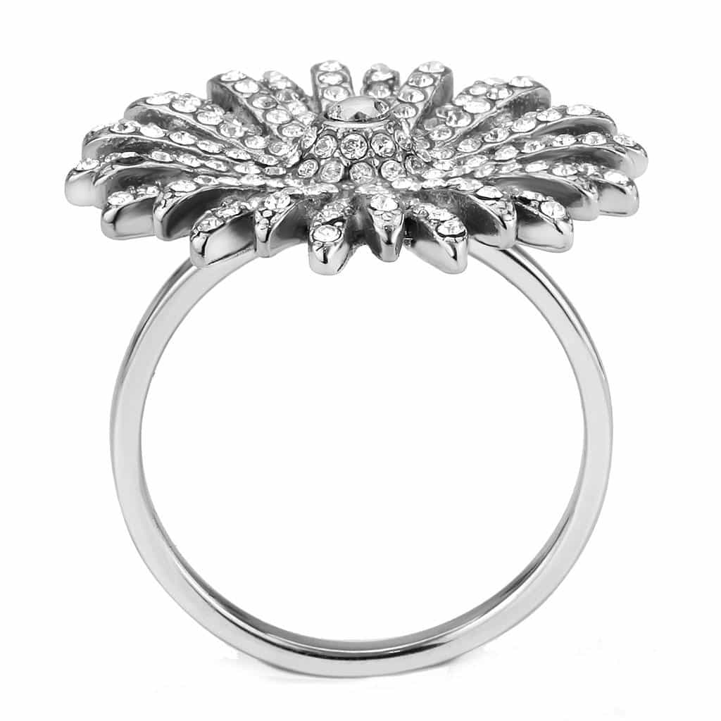 Stainless Steel CZ Pave Sunburst Starburst Flower Cocktail Ring view 6