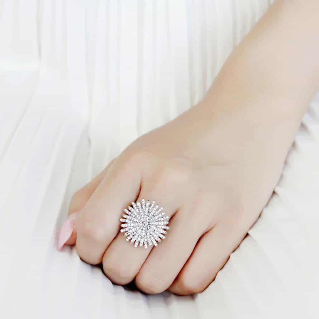 Stainless Steel CZ Pave Sunburst Starburst Flower Cocktail Ring view 10