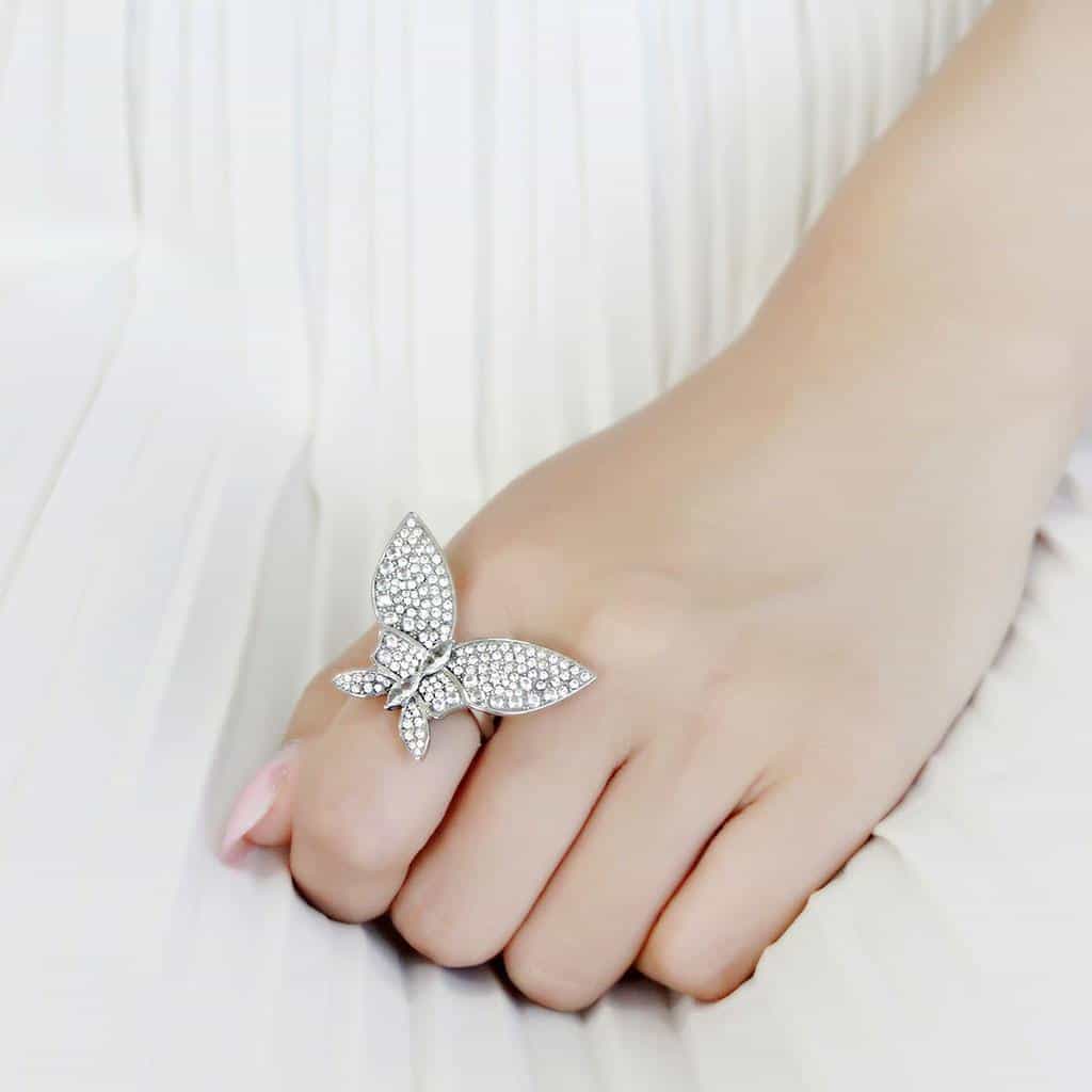 Stainless Steel CZ Pave Butterfly Wing Cocktail Ring view 10