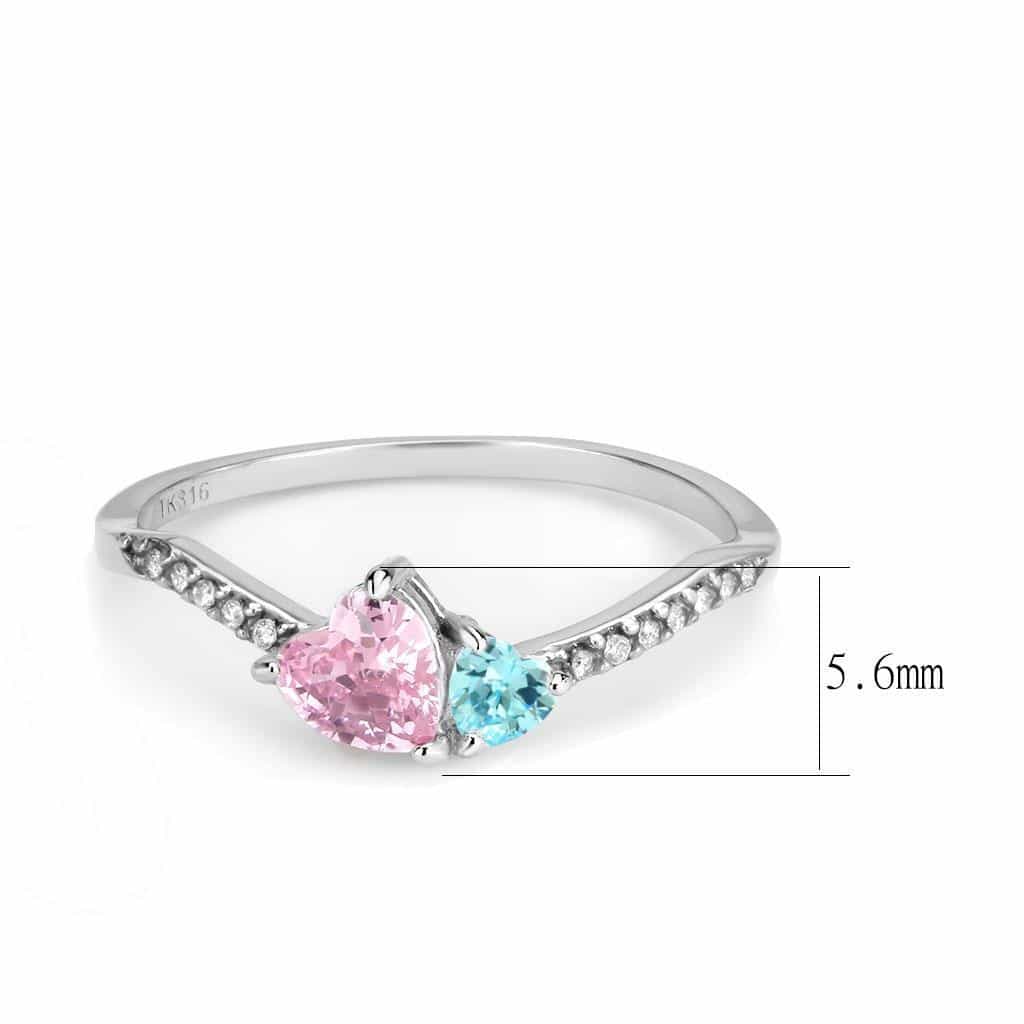 Stainless Steel Pink Blue CZ Heart Duo Pave Slim Solitaire Ring view 4