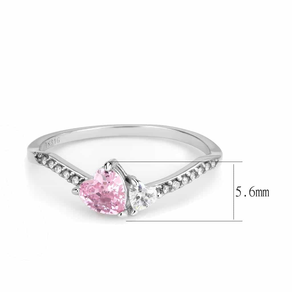 Stainless Steel Pink CZ Heart Round CZ Pave Accent Solitaire Ring view 4