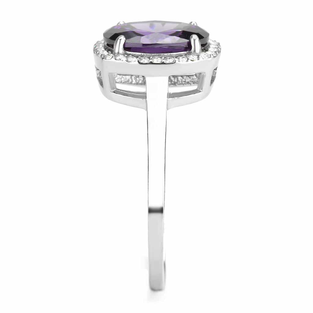 Stainless Steel Purple Amethyst Oval CZ Pave Halo Classic Ring view 8